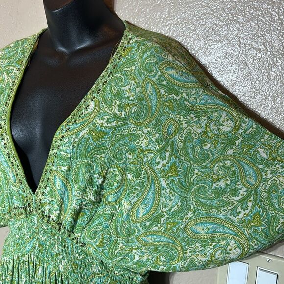 Zara women’s xl tiered maxi dress gauzy paisley boho beaded smock waist - Picture 4 of 9